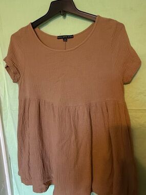 Hyfve Hyfve Hyfve Textured Tan/Khaki Babydoll Top with Short Sleeves